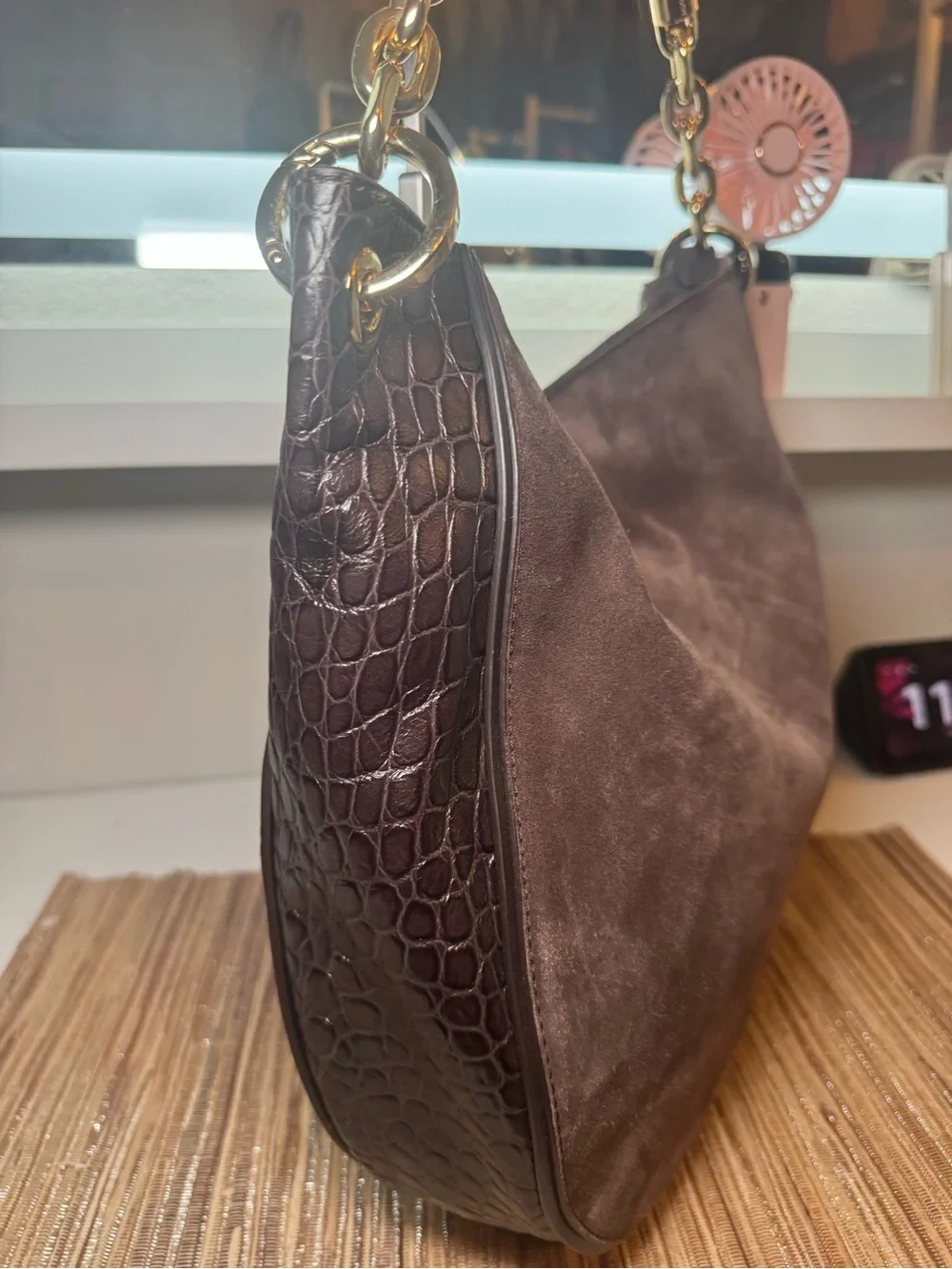 Michael Kors Taupe Suede Hobo with Gold MK Charm